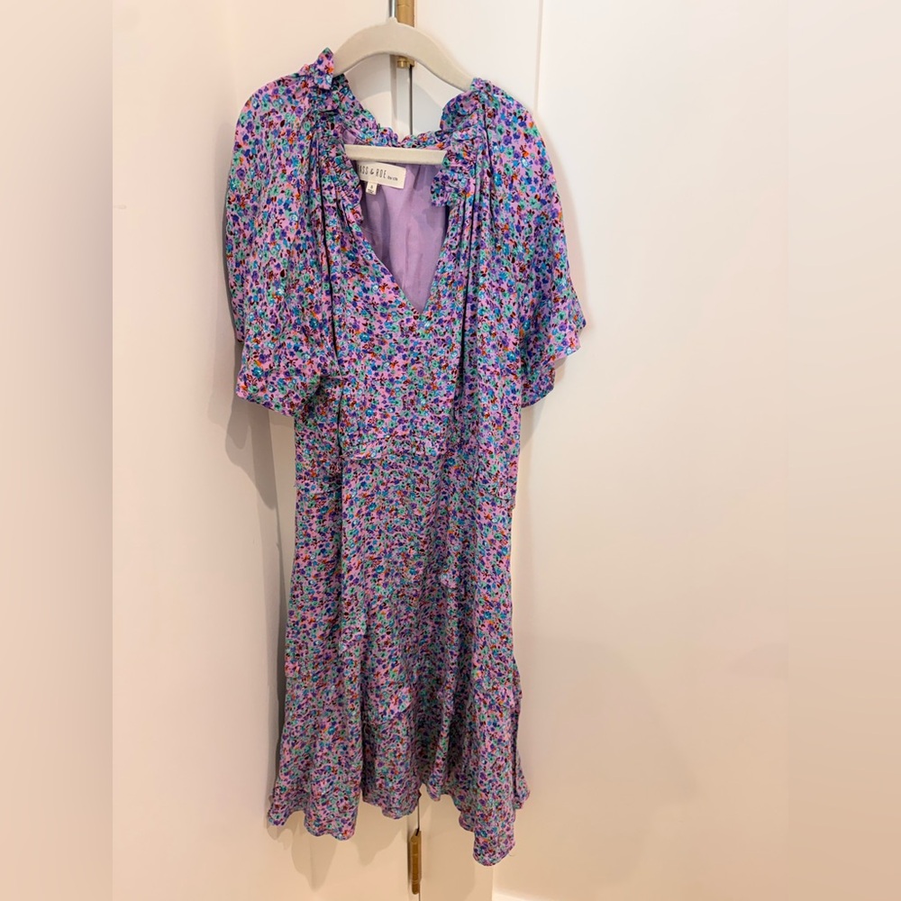 Lilac Floral Midi Dress with Puff Sleeves